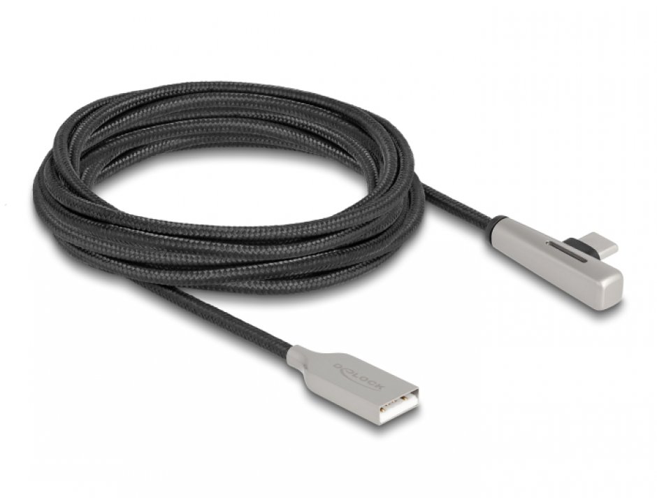 Imagine Cablu USB 2.0-A la USB type C T-T Fast Charging 60W cu LED 3m brodat Negru